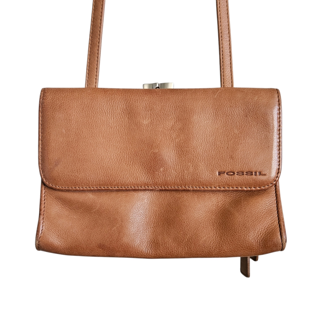Fossil Tan Leather Crossbody Kiss Lock Women's Bag Purse